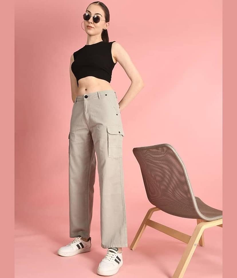IVOC Women Classic Straight Fit High-Rise Cotton Cargos Trousers view 5