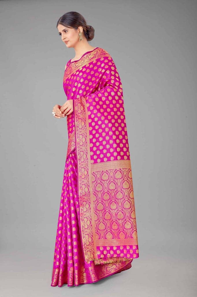 Women's Banarasi Silk Golden Zari Touch Woven Pink Saree view 2