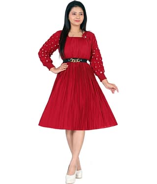 NEWSIFA Women Cotton Blend Embellished Fit & Flare Dress ( Maroon )