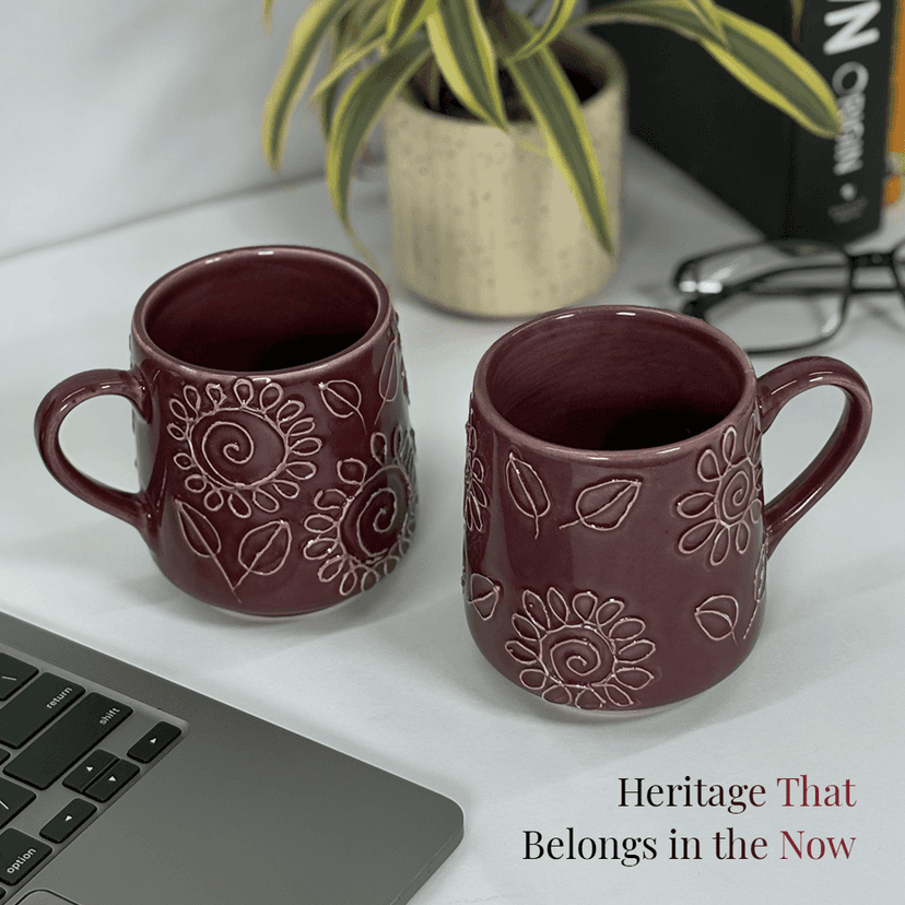 Heritales Kokum Bloom Ceramic Mug for Coffee, Milk & Tea Lovers – 350 ML | Handcrafted in India | Vegan, Bone China-Free | Microwave, Dishwasher & Freezer Safe | Premium Artisanal Mug– Set of 2
