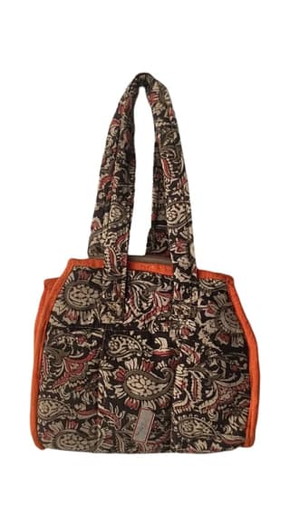 KALANKARI Handcrafted Quilted Cotton Tote Bag with Floral Print and Orange Trim