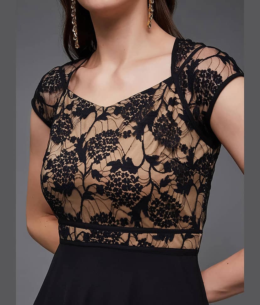 Miss Chase Women Georgette Printed Fit & Flare Dress ( Black ) view 2