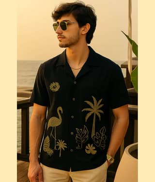 FTX Polyester Regular Fit Embroidered Half Sleeves Men's Casual Shirt - Black ( Pack of 1 )
