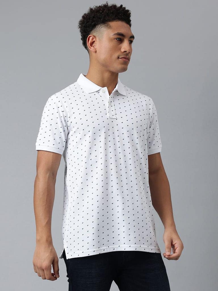 Men White Dotted Regular Fit Polo Neck T-Shirt view 7
