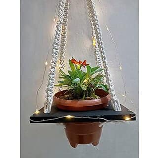 Khush Its Amazing Plant Macrame Hanger Shelf Indoor Hanging Planter Shelf Plant Hanger Shelf Boho Home Decor Cotton Rope(with LED Light) (Black)