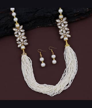 ShreejiHuf Alloy White Traditional Necklaces Set Long Haram