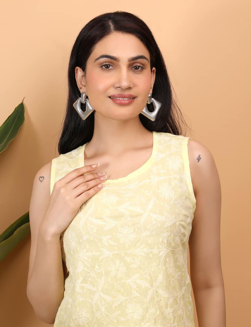Shwet Women Yellow Chikankari Sleevless Top view 5