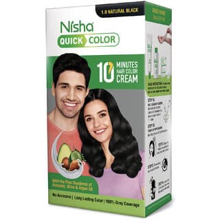 Nisha Creme Hair Colour for Women & Men - 1.0 Natural Black, 100% Grey Coverage, Quick Color 10-Minute, 120g