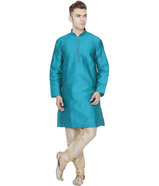 SKAVIJ Turquoise Silk Blend Kurta Pyjama Set