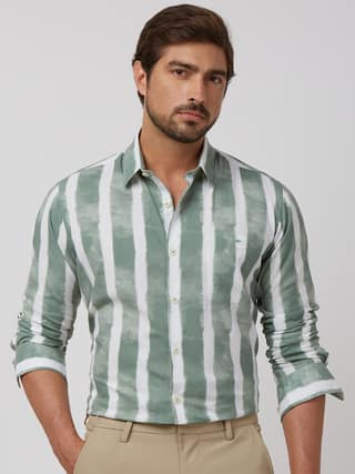 Green Painted Stripe Slim Fit Casual Shirt