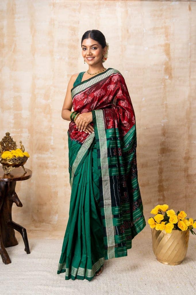 Red & Green Elephant Motif Silk Saree