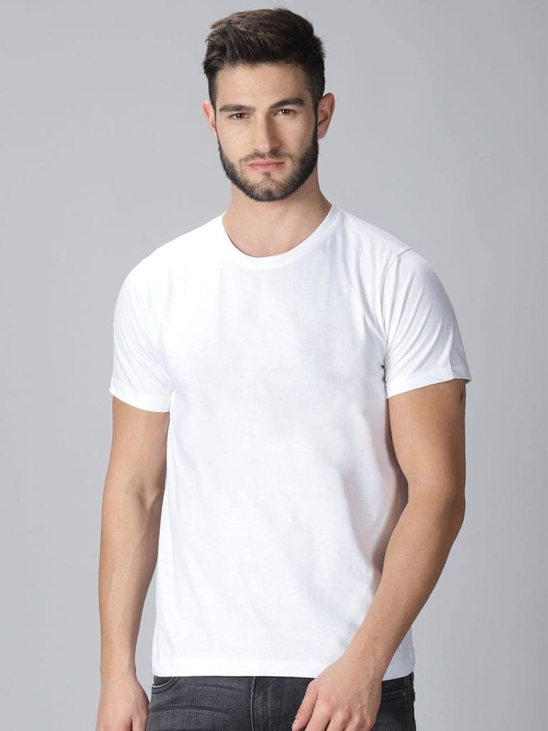 Cotton White Plain Round neck T-Shirt view 4