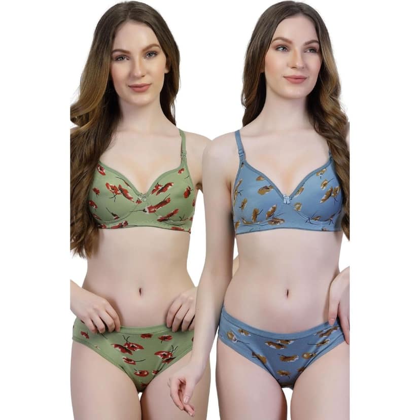 Pack of 2 Floral Print Cotton Bra Panty Set | Women�s Padded Lingerie