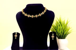 American Diamond and Green Stone Necklace Set in Gold