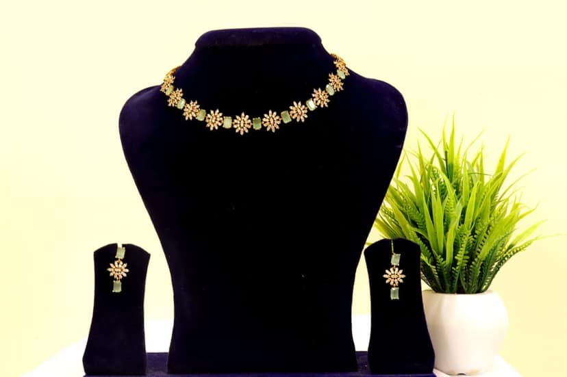 American Diamond and Green Stone Necklace Set in Gold