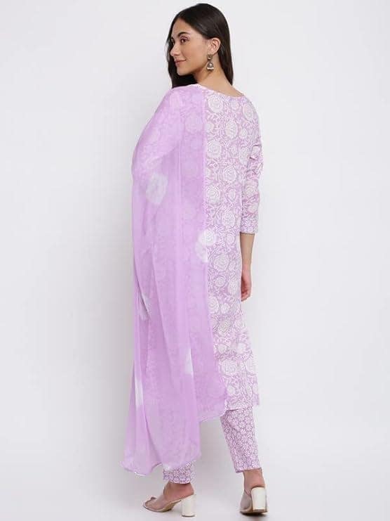 INDIAN KNOTS-Women lavender and white Printed Pure Cotton Kurta with Palazzos & Dupatta_1101-DG005301 view 3