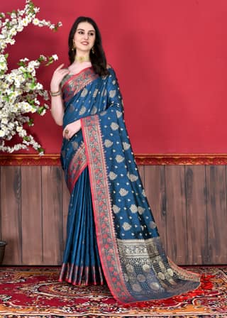 Yavira silk Women's Blue Handwoven Jacquard Saree