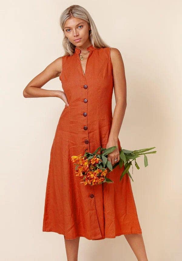 Bold Orange A-line Button Down Dress view 3