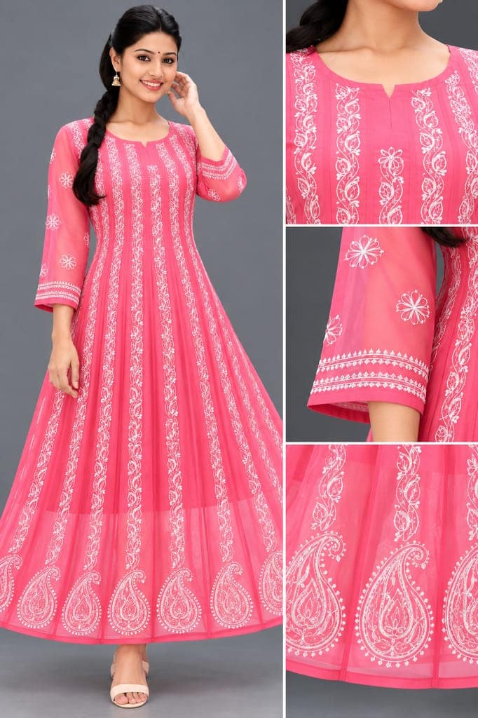 Mrs Right Women’s Lucknowi Chikankari Anarkali Kurta in Soft Georgette | Handcrafted Floral Embroidery | 3/4 Sleeves | 45 Inch Length | 74 Inch Flare | Festive Ethnic Wear view 2