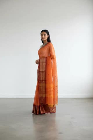 Handwoven Kanchipuram Cotton-Silk Saree in Orange with Golden Border