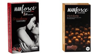 MANFORCE 3 in 1 Wild Ribbed Contour Dotted Strawberry Flavor Condoms - 10 Pieces & Premium Hotdots Belgian Chocolate Condoms with Bigger Dots - 10 Pieces Condom (Set of 2 20 Sheets)