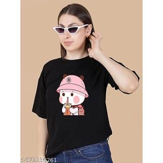 Wexam Style Women Black Printed Round Neck Short Sleeve Top