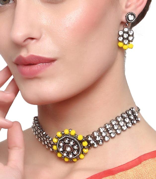 Cardinal Yellow Color Stone Oxidized Silver Oxidized Choker Necklace Set