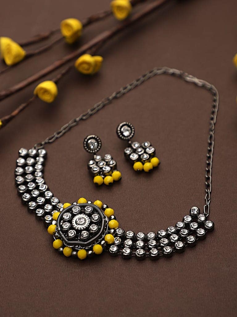 Cardinal Yellow Color Stone Oxidized Silver Oxidized Choker Necklace Set view 2