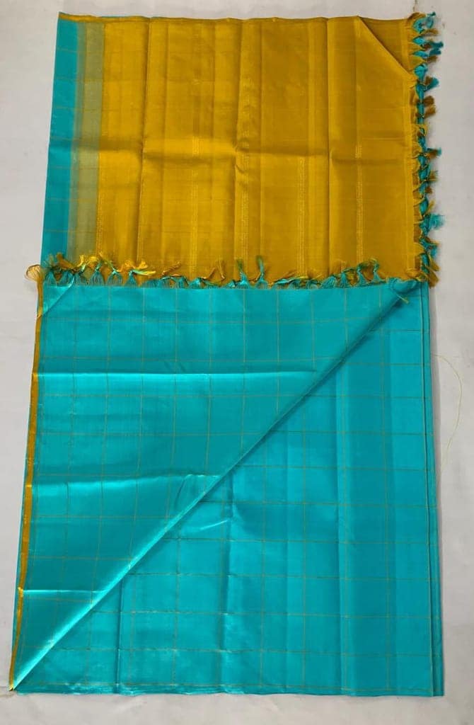 NVJSDS041-Aqua Blue (Peacock Blue Tone) with Gold Checks (Kattam Design) view 4