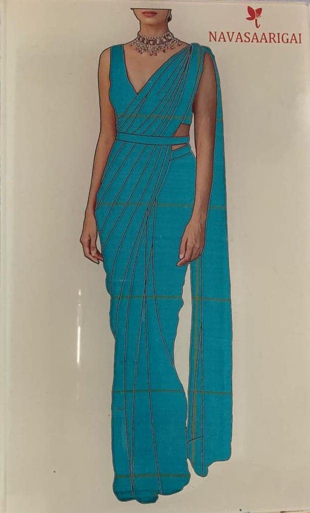 NVJSDS041-Aqua Blue (Peacock Blue Tone) with Gold Checks (Kattam Design) view 5