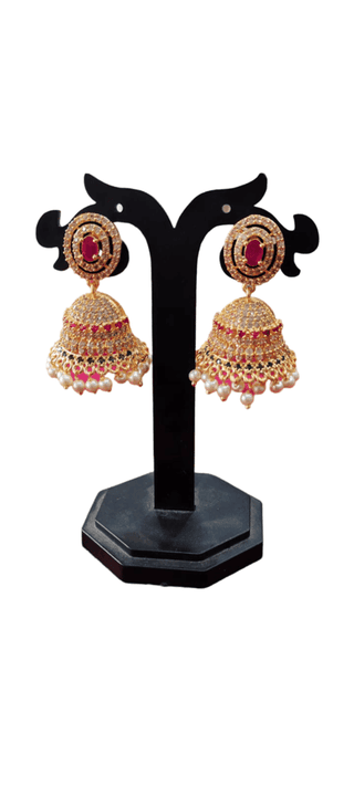 Stunning Gold Plated Kundan and Pearl Jhumka Earrings with Ruby Stones