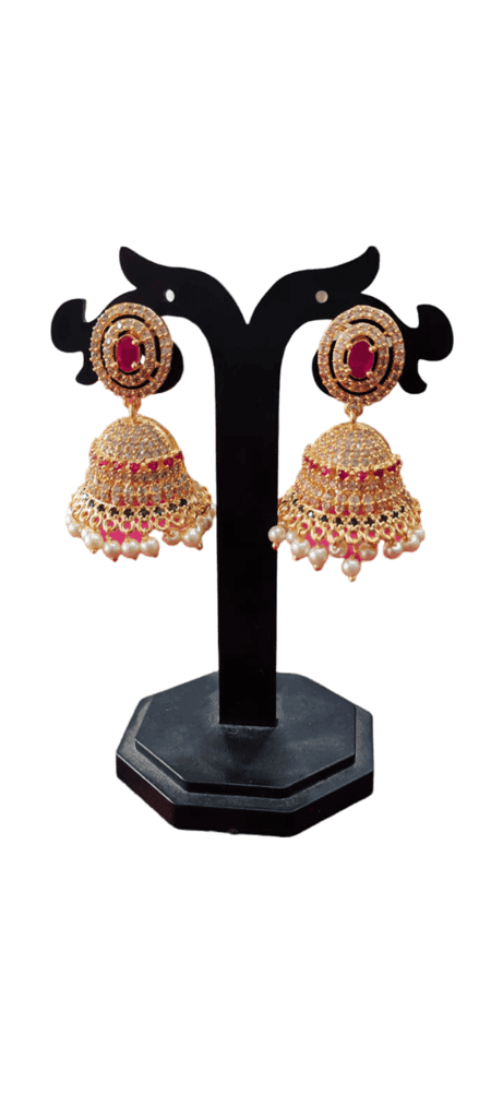 Stunning Gold Plated Kundan and Pearl Jhumka Earrings with Ruby Stones