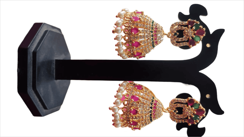 Stunning Gold Plated Kundan and Pearl Jhumka Earrings with Ruby Stones view 3