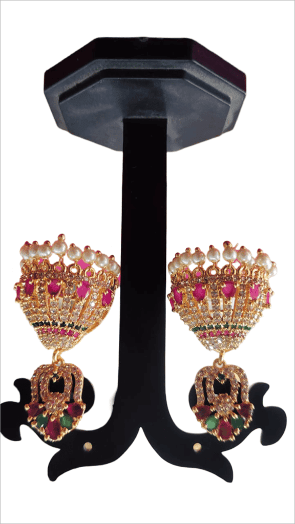 Stunning Gold Plated Kundan and Pearl Jhumka Earrings with Ruby Stones view 4
