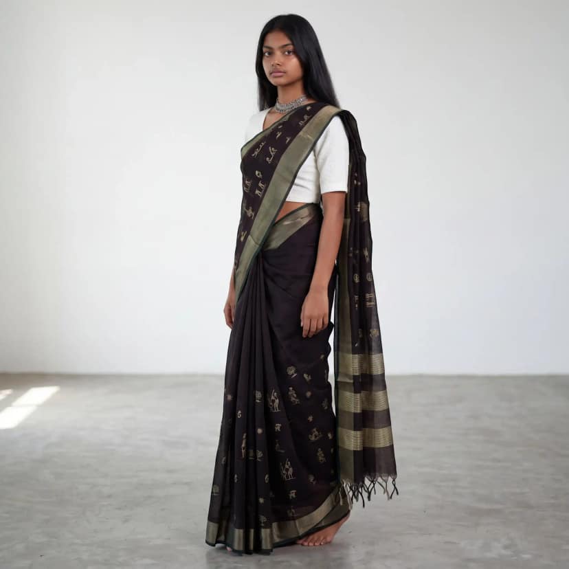 Handwoven Sambalpuri Baandha Ikat Cotton Saree in Black with Blouse view 2