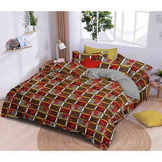 Black Bee Maroon Flowers Print On Brown Base Double Bedsheet With 2 Pillow Covers (208 X 213 Cm) (Bs4-01)
