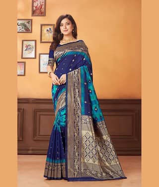BLEESBURY Banarasi Silk Embellished Saree With Unstitched Blouse Piece ( Navy Blue )