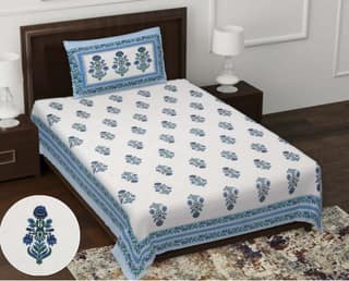 DHRUVINSRI Luxury Hand Block Print Pure Cotton 1 Single Bedsheet with 1 Pillow Cover 60*90 inches, 250GSM,144TC-1 Set