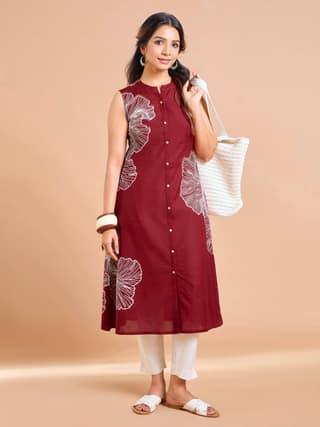 Maroon Cotton Flax Kurti With Print (Without Sleves)