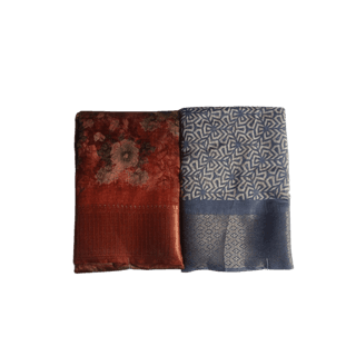 A Set of Two Beautiful Sarees: One in a Deep Red Floral Print and the Other in Blue with Geometric Motifs