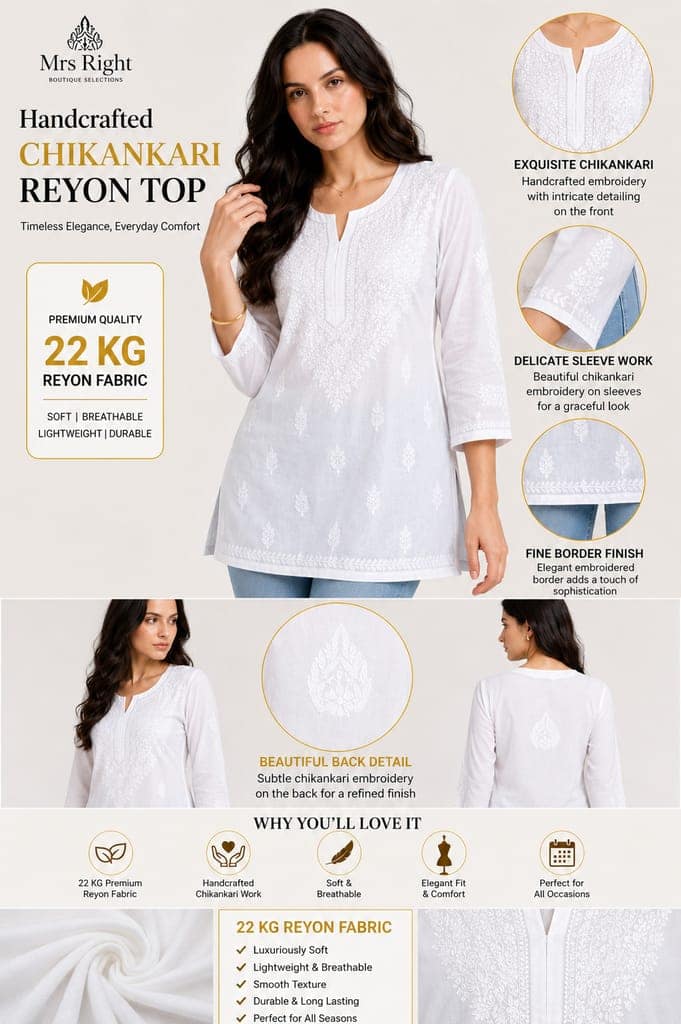 Mrs Right Women Handcrafted Chikankari Embroidered Reyon Straight Short Kurti view 6