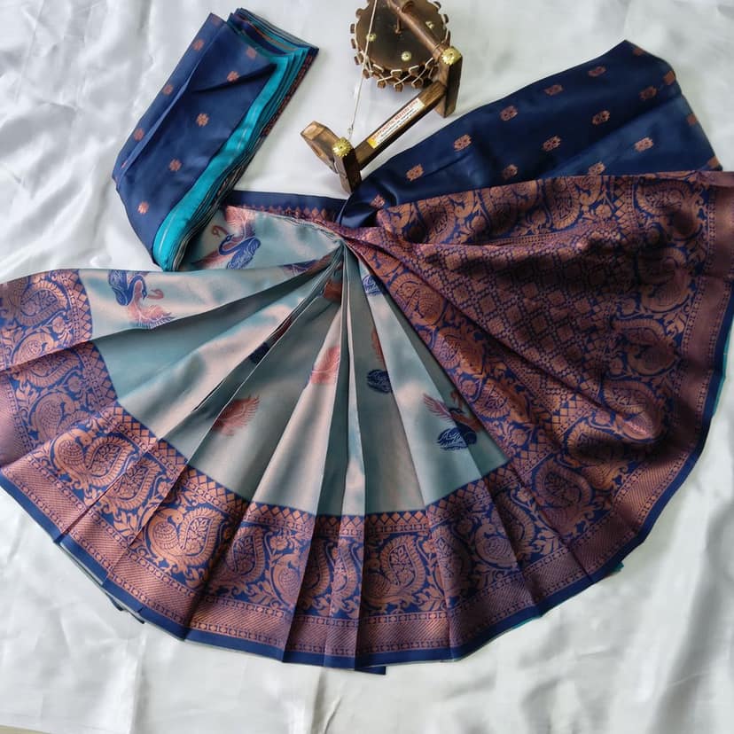 Kubera Silk Cottton Saree with Blouse Blue view 2