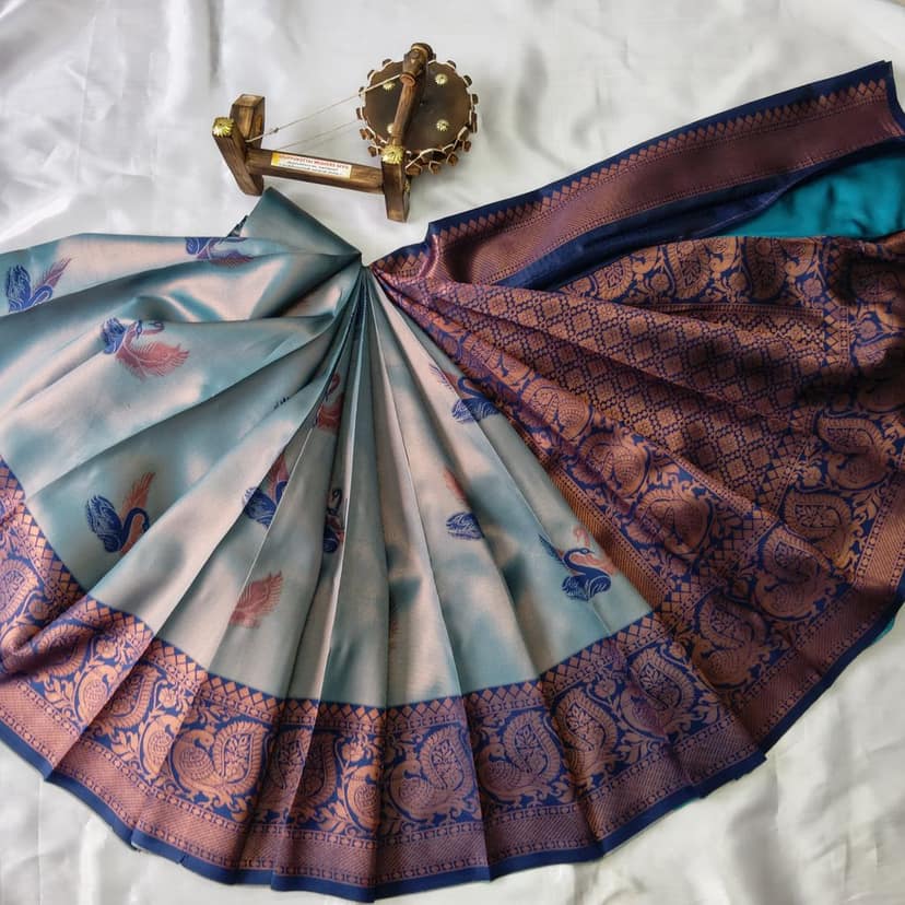 Kubera Silk Cottton Saree with Blouse Blue view 3