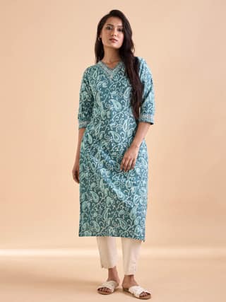 Aquagreen Cotton Katha Printed Kurthi With Embroidery Sequins Work