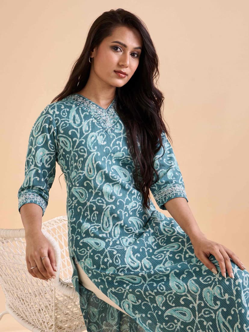 Aquagreen Cotton Katha Printed Kurthi With Embroidery Sequins Work view 2