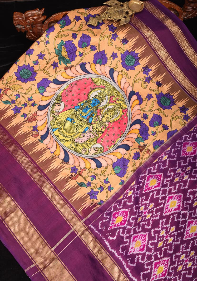 Radha Krishna Design Authentic Pen Kalamkari on Pure Silk Saree with Ikkat pallu | SILK MARK CERTIFIED view 5