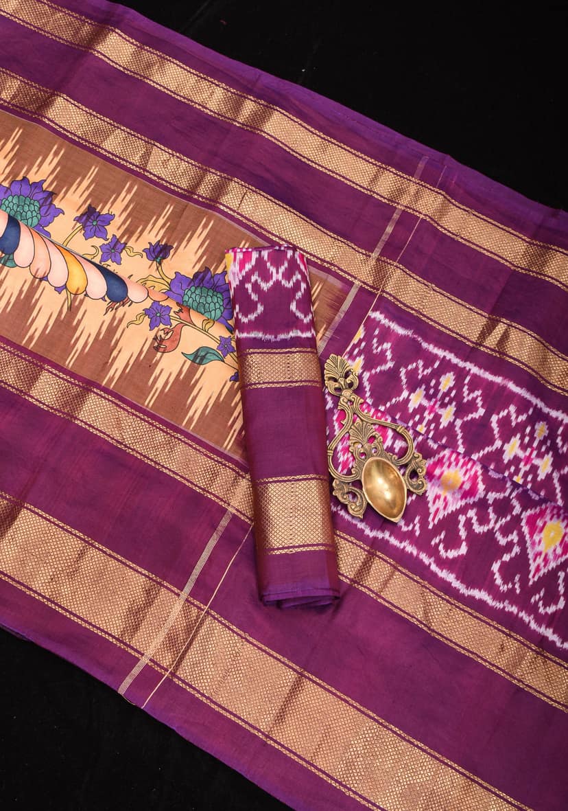 Radha Krishna Design Authentic Pen Kalamkari on Pure Silk Saree with Ikkat pallu | SILK MARK CERTIFIED view 8