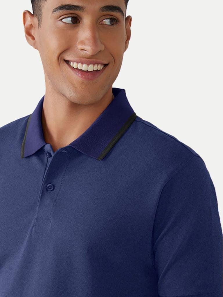 Mens Navy Cotton Jacquard Collar Polo T Shirt view 3