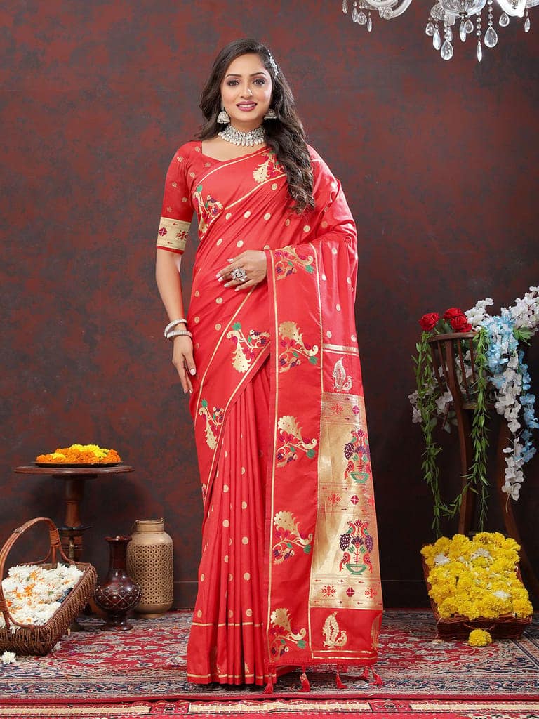 Red Soft Paithani Silk Woven Design Gold Zari Meenakari Weaving Saree