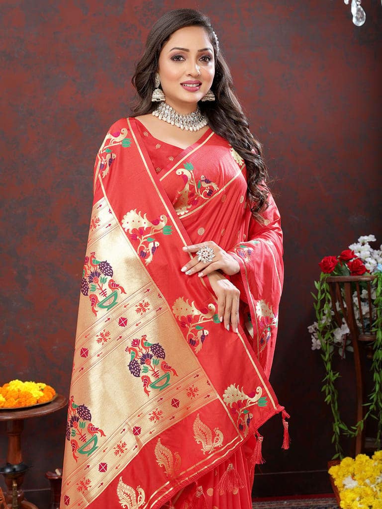 Red Soft Paithani Silk Woven Design Gold Zari Meenakari Weaving Saree view 2
